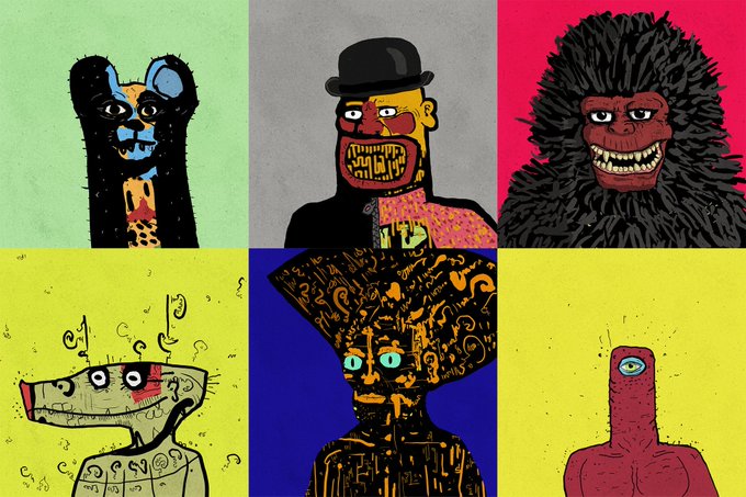 The image is a 2x3 grid of colorful, surreal illustrations featuring quirky characters including a black animal with a blue face, a mustachioed figure in a bowler hat, a fanged gorilla, a bug-eyed creature, an ornate deity-like being with a fan headdress, and a one-eyed humanoid. It relates to the post by showcasing the diverse, 1/1 artwork available in the "Los" NFT collection on OpenSea.