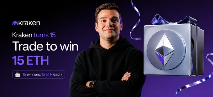A promotional banner for Kraken's 15th anniversary featuring a smiling young man, the text 'Trade to win 15 ETH', and an Ethereum gift box graphic.