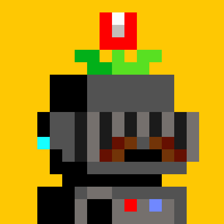 Pixel art of a dark robotic or armored character with red and blue accents, wearing a green hat with a red ornament, set against a yellow background.