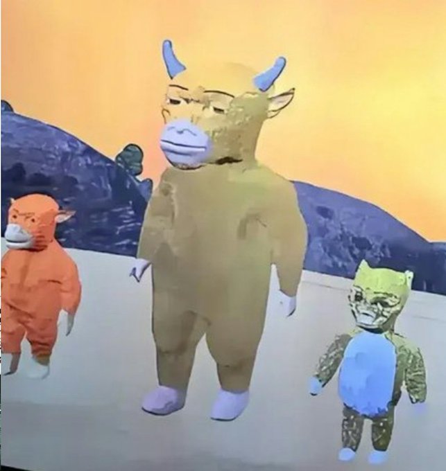 Three crudely animated characters—a large tan cow, a smaller orange cow, and a green humanoid figure—stand in front of a painted sunset backdrop, representing scenes from the low-budget Chinese film "Niu Lai." The image's handcrafted, rough visual style directly reflects the movie's homemade production, which gained viral attention and transformed into a $40M memecoin despite its $1,000 box office and audience of just 236 people.