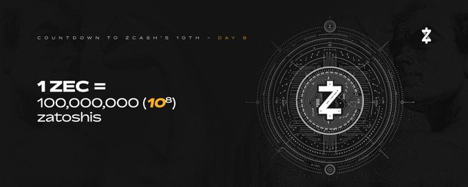 Black-and-gold Zcash promotional graphic reading “COUNTDOWN TO ZCASH’S 10TH - DAY 9” and “1 ZEC = 100,000,000 (10⁸) zatoshis,” beside a Zcash coin design.