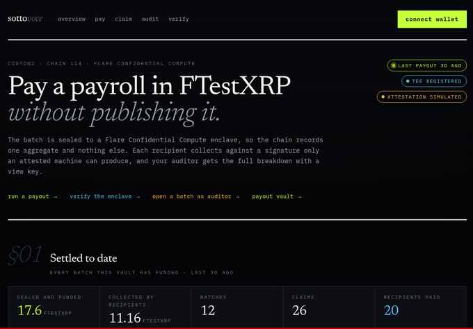 Screenshot of sottompoce on Coston2 (Chain 114, Flare Confidential Compute) showing a payroll page titled 'Pay a payroll in FTestXRP without publishing it,' with vault stats: 17.6 FTestXRP sealed, 11.16 FTestXRP collected, 12 batches, 26 claims, 20 recipients.