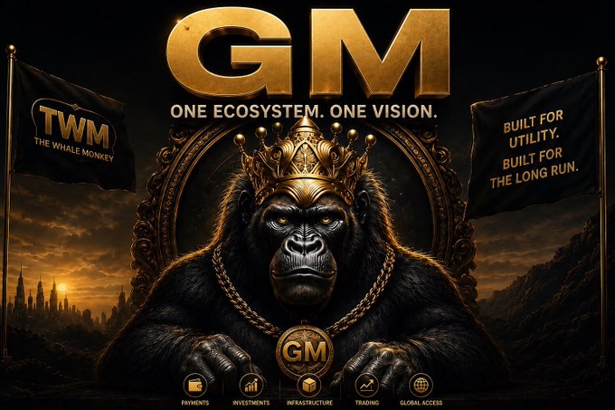 A dark promotional poster with 'GM' in large gold letters and the tagline 'ONE ECOSYSTEM. ONE VISION,' featuring a crowned gorilla wearing a 'GM' medallion between 'TWM - The Whale Monkey' and 'BUILT FOR UTILITY. BUILT FOR THE LONG RUN' flags.
