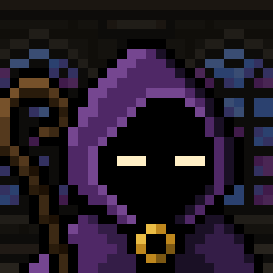 A pixel art portrait of a hooded figure with dark skin, glowing yellow eyes, and a gold nose ring, set against a dark pixelated background.