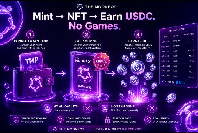A purple-themed promotional graphic for "THE MOONPOT" NFT project, outlining a three-step process: "CONNECT & MINT TMP," "GET YOUR NFT," and "EARN USDC," with features like "NO ALLOWLISTS" and "COMMUNITY OWNED."