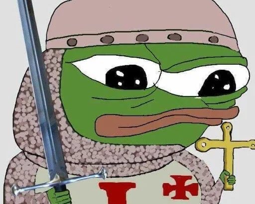 A cartoon illustration of Pepe the Frog dressed as a medieval knight, wearing chainmail armor and a coif, holding a sword and a cross.