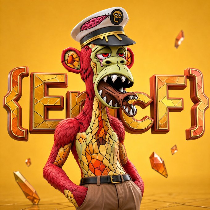 A stylized 3D illustration of a red and yellow reptilian monkey character wearing a sailor hat, standing in front of yellow text that appears to read "{E[}CF]" on an orange background with floating shards.