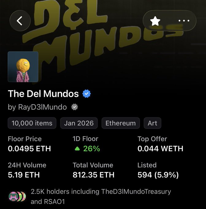 The image displays a screenshot of a product page from The Del Mundos, which appears to be an NFT project or item listed for sale. It features the name "The Del Mundos" prominently displayed at the top, along with a description of the product in text and a photo depicting the item's appearance. 

There are several pricing options available on this page, including both flat floor price and volume-based pricing tiers. The post indicates that items listed for sale have a total value of $82.35 eth, suggesting it is a significant amount of money to be earned from selling these products.