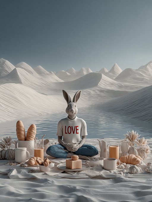 The image features an illustration of a person wearing a rabbit costume, sitting cross-legged on a blanket or towel on a beach. The person appears to be meditating with their eyes closed, surrounded by various objects such as cups, bowls, cakes, sandwiches, and breads. There is also a cup of coffee placed nearby. The post includes the text "Good morning dear friends Have a fantastic saturday !!! Coffee. Rest. walk. rest. eat. rest."