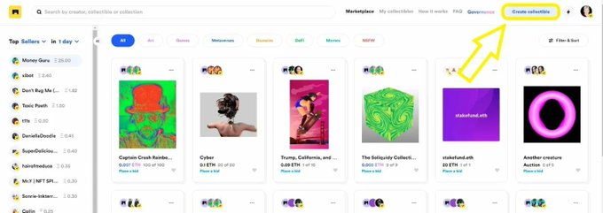 A screenshot of the Rarible NFT marketplace homepage displaying top collections and collectibles, with a yellow circle and arrow highlighting the 'Create collectible' button.