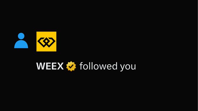 A dark notification screen displays a blue user avatar alongside WEEX's yellow logo, with the message "WEEX ⚙ followed you," reinforcing the post's playful prompt about who will receive the next follow from the exchange.
