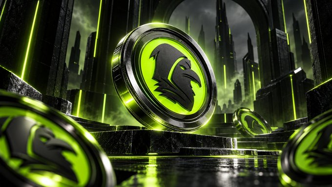A digital artwork featuring a green and black cryptocurrency coin with an eagle/bird logo set against a dark futuristic cityscape with green neon lights.