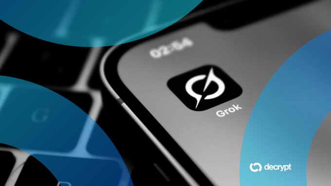 Decrypt article image showing the Grok app icon on a smartphone screen with blue graphic overlays.