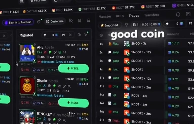 A trading interface showing a 'Migrated' list of memecoins including APE, $tonkr, and RINGKEY alongside a trades feed with annotations calling out 'good coin' near SNOOFI and RDDT trades.