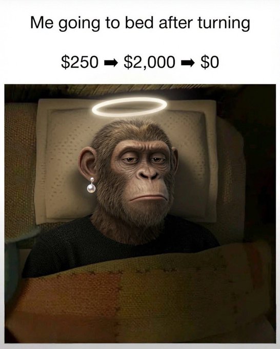 A humorous meme depicting a melancholy monkey with a halo and earring lying in bed, captioned 'Me going to bed after turning $250 ➡ $2,000 ➡ $0', illustrating the rollercoaster of crypto trading losses.