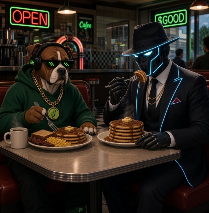 A bulldog in pixel sunglasses and a chain sits at a diner booth across from a robotic figure in a fedora and glowing neon-lined suit, both enjoying steaming plates of pancakes beneath neon signs reading "OPEN," "Cafee," and "$GOOD." The breakfast scene embodies the post's message of a Sunday grind morning, with the "$GOOD" neon sign tying directly to the token ticker as the two characters fuel up for the day ahead.
