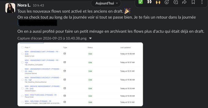 A Slack message from 'Nora L.' in French announcing that all new flows are active and old ones are in draft, with an attached screenshot showing a list of live NetSuite integration flows for abandoned carts, checkouts, and purchases.