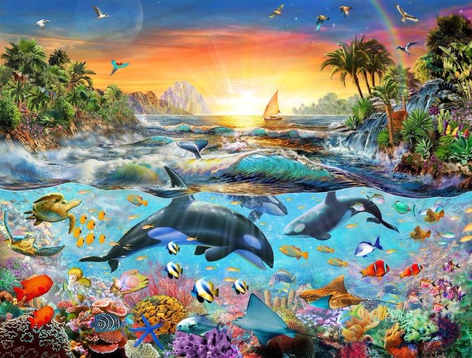 A colorful fantasy scene depicting a vibrant tropical paradise split between a sunset-lit ocean surface—complete with sailboats, palm trees, and flying birds—and a thriving underwater coral reef teeming with orcas, sea turtles, starfish, and tropical fish, suggesting a harmonious world thriving despite the referenced 13% threat.