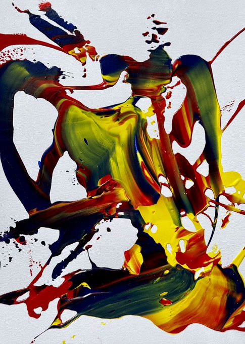 An abstract painting featuring bold splashes and streaks of yellow, red, blue, and green paint on a white canvas.