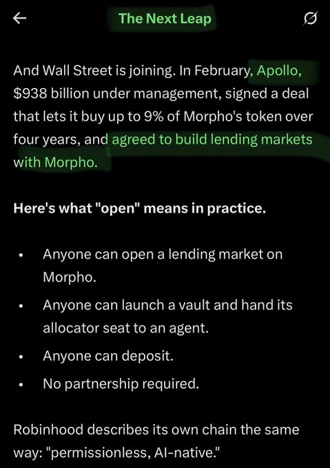 Black-themed article screenshot titled “The Next Leap,” discussing Apollo, Wall Street, and Morpho. Visible highlighted text includes “Apollo,” “agreed to build lending markets with Morpho,” and bullets stating that anyone can open a lending market, launch a vault, or deposit with no partnership required.