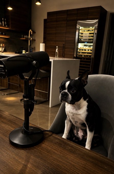 A Boston Terrier sits attentively in a gray chair beside a black Shure microphone on a wooden table, set in a modern kitchen with a wine fridge in the background, perfectly fitting the "gm gm" (good morning, good morning) greeting to kick off the day.