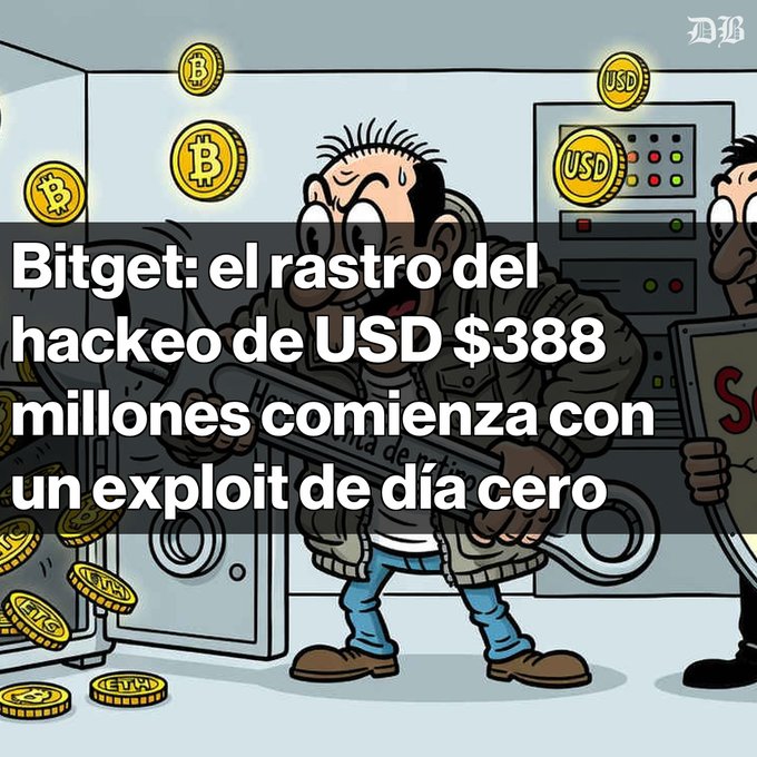 A cartoon illustration depicting a thief stealing Bitcoin and USD coins, overlaid with Spanish text reading 'Bitget: el rastro del hackeo de USD $388 millones comienza con un exploit de día cero'.