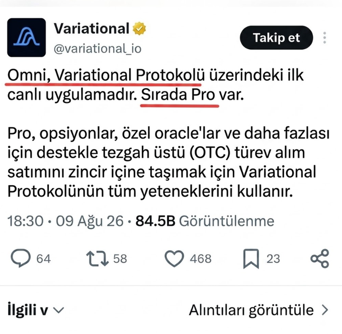 A Turkish tweet from the account @variational_io about 'Omni', their first live application on the Variational Protocol.