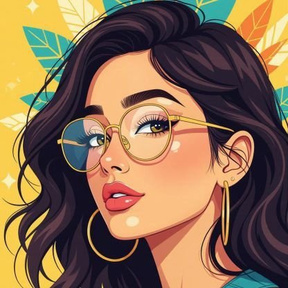 An illustration shows a young woman with dark wavy hair, large round glasses, and gold hoop earrings against a yellow background with colorful leaves.