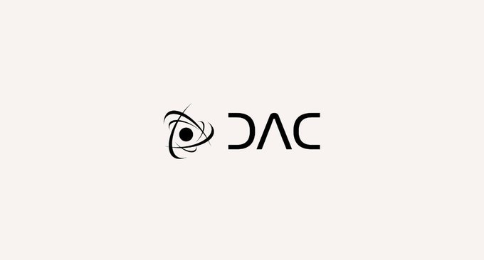 A black logo featuring a stylized atom/eye symbol alongside the text "DAC" on a white background.