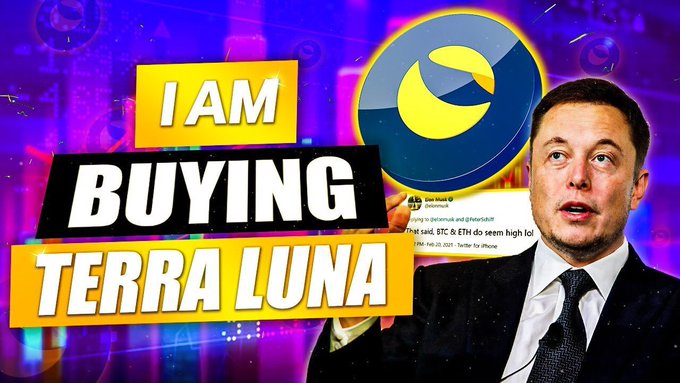 The image appears to be a YouTube thumbnail featuring bold text "I AM BUYING TERRA LUNA" alongside a photo of Elon Musk and the Terra Luna Classic (LUNC) logo, with a tweet visible in the background referencing Tesla's Bitcoin stance. The thumbnail promotes the caption's message urging viewers to comment "YES" to encourage Elon Musk to support LUNC and push its price toward $1.