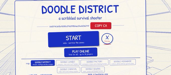 A title screen for the video game 'Doodle District - a scribbled survival shooter' featuring Start and Play Online buttons along with a 'COPY CA' button.
