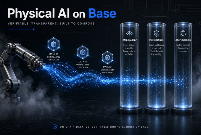 A tech-themed graphic titled 'Physical AI on Base' showing a robotic arm connected to data tubes labeled 'TRANSPARENCY', 'PROVENANCE', and 'COMPOSABILITY'.