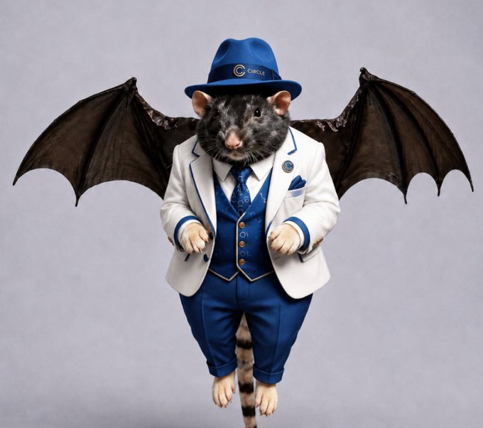 A surreal image of a rat dressed in a blue and white suit with a blue hat labeled 'CIRCLE', posed with bat-like wings spread against a gray background.