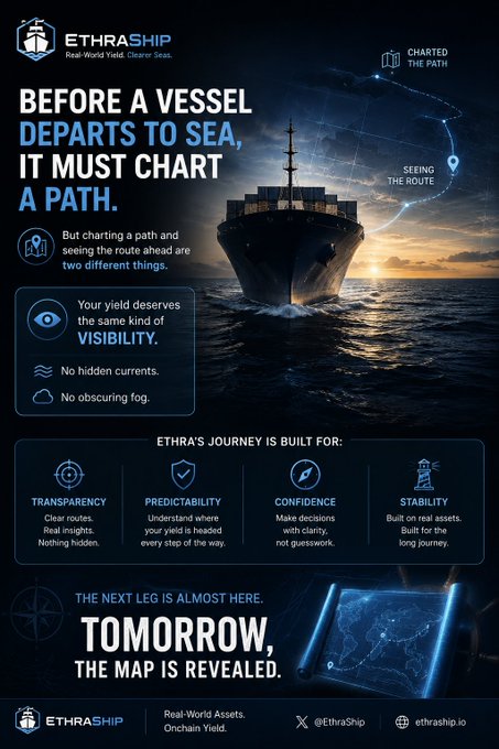 An advertisement for ETHRASHIP using the metaphor 'Before a vessel departs to sea, it must chart a path,' promoting features like visibility, transparency, predictability, confidence, and stability, with text 'Tomorrow, the map is revealed.'