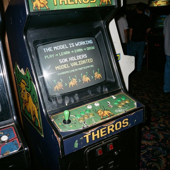 An arcade machine labeled 'THEROS' displaying 'THE MODEL IS WORKING', 'PLAY → LEARN → EARN → GROW', '50K HOLDERS', and 'MODEL VALIDATED', with bullish cow illustrations on the control panel.
