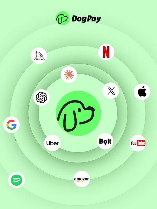 A green-themed DogPay promotional graphic showing various brand logos including Netflix, Apple, Google, Uber, Spotify, Amazon, Bolt, X, and ChatGPT arranged in concentric circles.