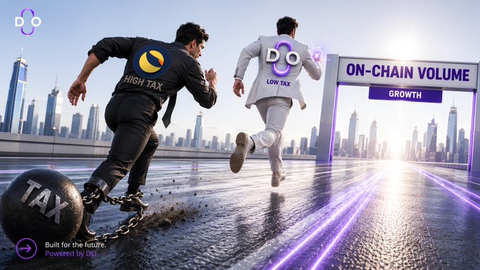 A person representing "HIGH TAX" and the Terra Luna logo is chained to a "TAX" ball, while another person representing "LOW TAX" and the "DO Chain" logo runs towards "ON-CHAIN VOLUME GROWTH". The image visually contrasts the burden of high taxes with the freedom and growth offered by low taxes, aligning with the post's message.