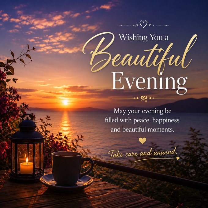 An evening greeting graphic with text reading 'Wishing You a Beautiful Evening - May your evening be filled with peace, happiness and beautiful moments. Take care and unwind' over a sunset scene.