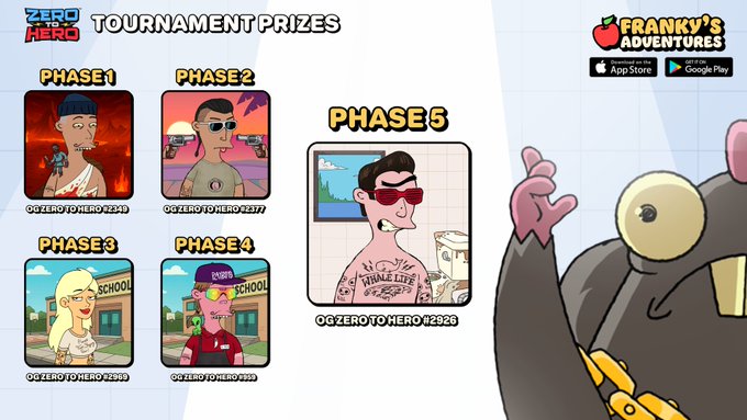A promotional graphic for 'FRANKY'S ADVENTURES' mobile game displaying 'TOURNAMENT PRIZES' across PHASE 1 through PHASE 5 with cartoon character images.