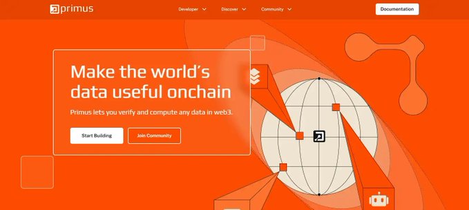 A screenshot of the Primus website homepage with the headline 'Make the world's data useful onchain' and the tagline 'Primus lets you verify and compute any data in web3.'