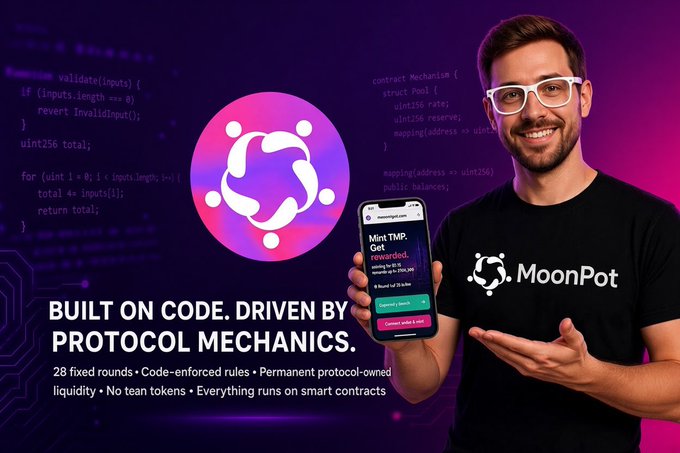 A man holds a smartphone displaying a MoonPot reward notification for 250.00 USDT, standing beside the tagline "Built ON CODE. DRIVEN BY PROTOCOL MECHANICS." with a 6/6 trust badge, visually reinforcing the thread's message about MoonPot's code-enforced, smart-contract-based protocol.