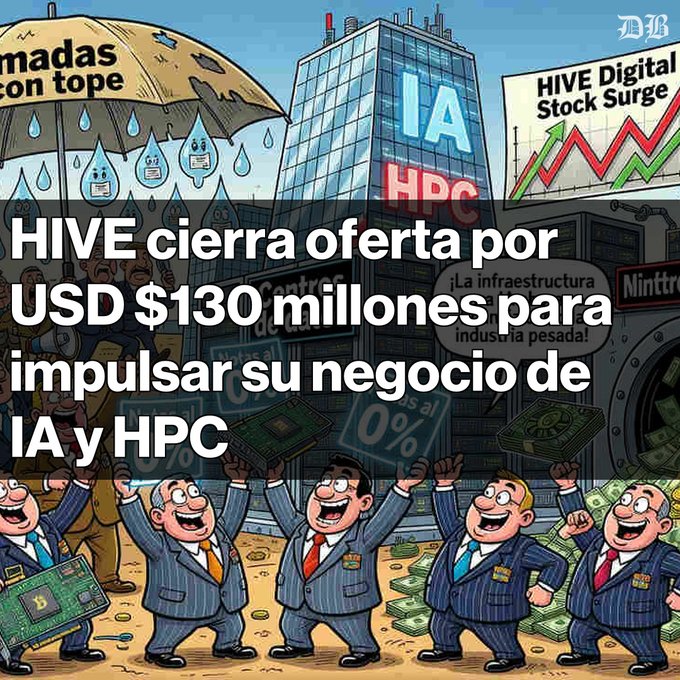 A cartoon-style image depicts jubilant businessmen in suits celebrating with money, cash, and GPU hardware amid a scene featuring a large "HIVE Digital" building, rain falling from a cloud labeled "madas con tope," and a "HIVE Digital Stock Surge" chart with a rising arrow. The Spanish headline reads: "HIVE cierra oferta por USD $130 millones para impulsar su negocio de IA y HPC," directly translating the post's news that HIVE closed a $130 million offering in 0% senior notes to expand its AI and high-performance computing operations.