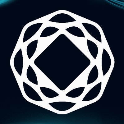 A white geometric logo resembling a stylized sphere or polyhedron with interconnected loops, set against a dark blue background.