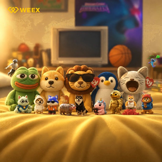 A collection of Ty Beanie Babies and other plush toys are arranged on a bed with a world map poster and basketball in the background, with the "WEEX" logo in the top left corner, playfully illustrating the post's "never sell" sentiment by featuring cherished collectibles people hold onto long-term.
