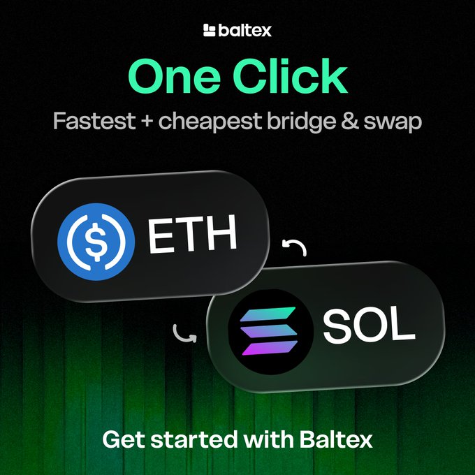 Advertisement for 'baltex' promoting 'One Click' as the 'Fastest + cheapest bridge & swap' between ETH and SOL, with a 'Get started with Baltex' call to action.