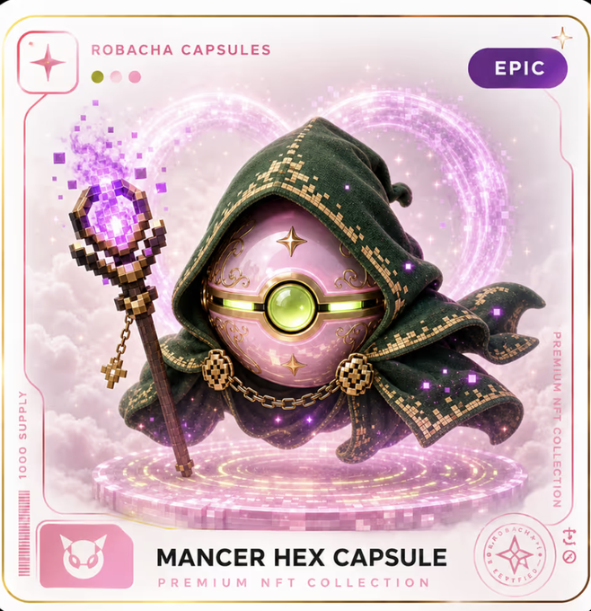 An "EPIC" rated Robacha Capsule NFT titled "MANCER HEX CAPSULE" featuring a hooded purple orb with a green gem holding a pixelated staff, displayed as part of a "PREMIUM NFT COLLECTION" with 1000 supply, which the user notes is their best mint from @robachadotfun.