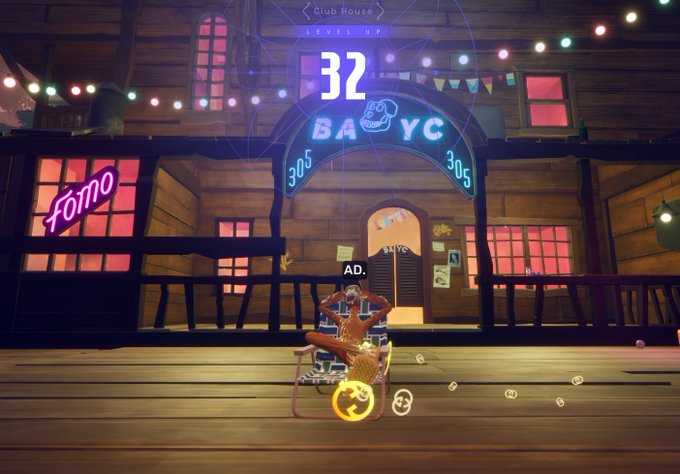 Screenshot from a video game showing a character lounging on a chair in front of a building labeled 'Club House BA YC' with a 'FOMO' neon sign and the number '32' displayed at the top.