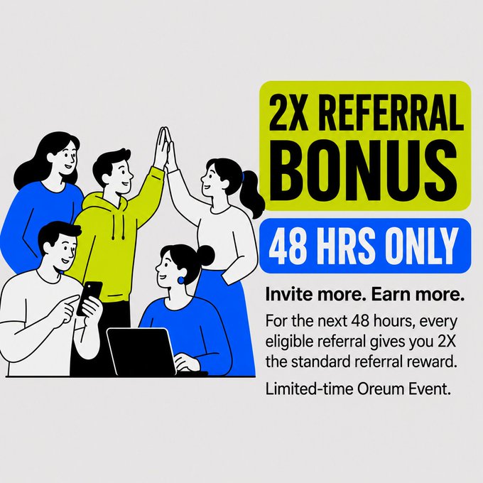 A promotional graphic featuring illustrated characters celebrating with high-fives announces a "2X REFERRAL BONUS" for "48 HRS ONLY," matching the Oreum Event details inviting users to earn double the standard referral reward for 48 hours.