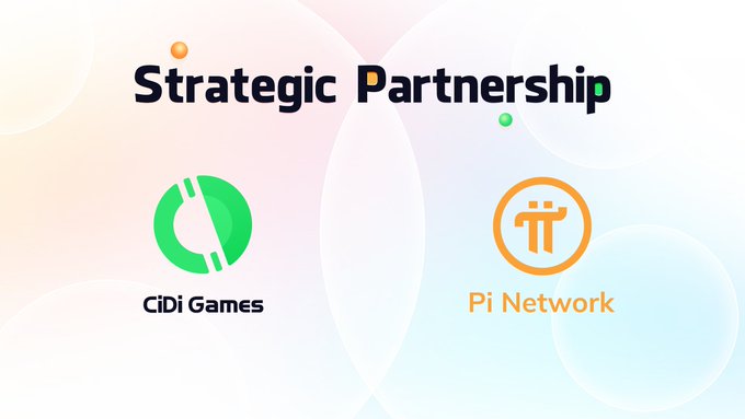 A promotional graphic announcing a 'Strategic Partnership' between CiDi Games (green logo) and Pi Network (orange π logo) on a colorful gradient background with bubble accents.