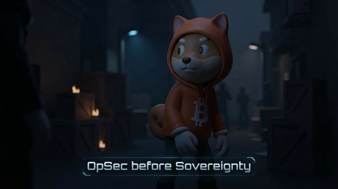 A 3D animated Shiba Inu dog character wearing a red Bitcoin hoodie standing in a dark alley, with a caption reading 'OpSec before Sovereignty.'